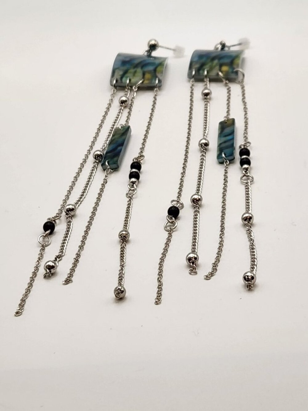 *SPECIAL* SUPER LONG earrings silver tone blue green 'stone' NIP